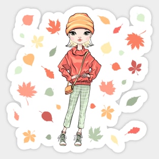 Girl in autumn clothes Sticker